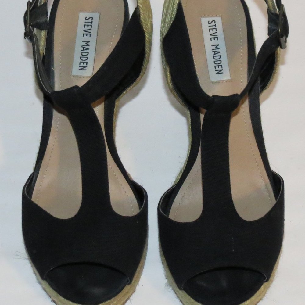 Women's Steve Madden Black & Tan Wedge Heel Sandal Shoes Size 11
